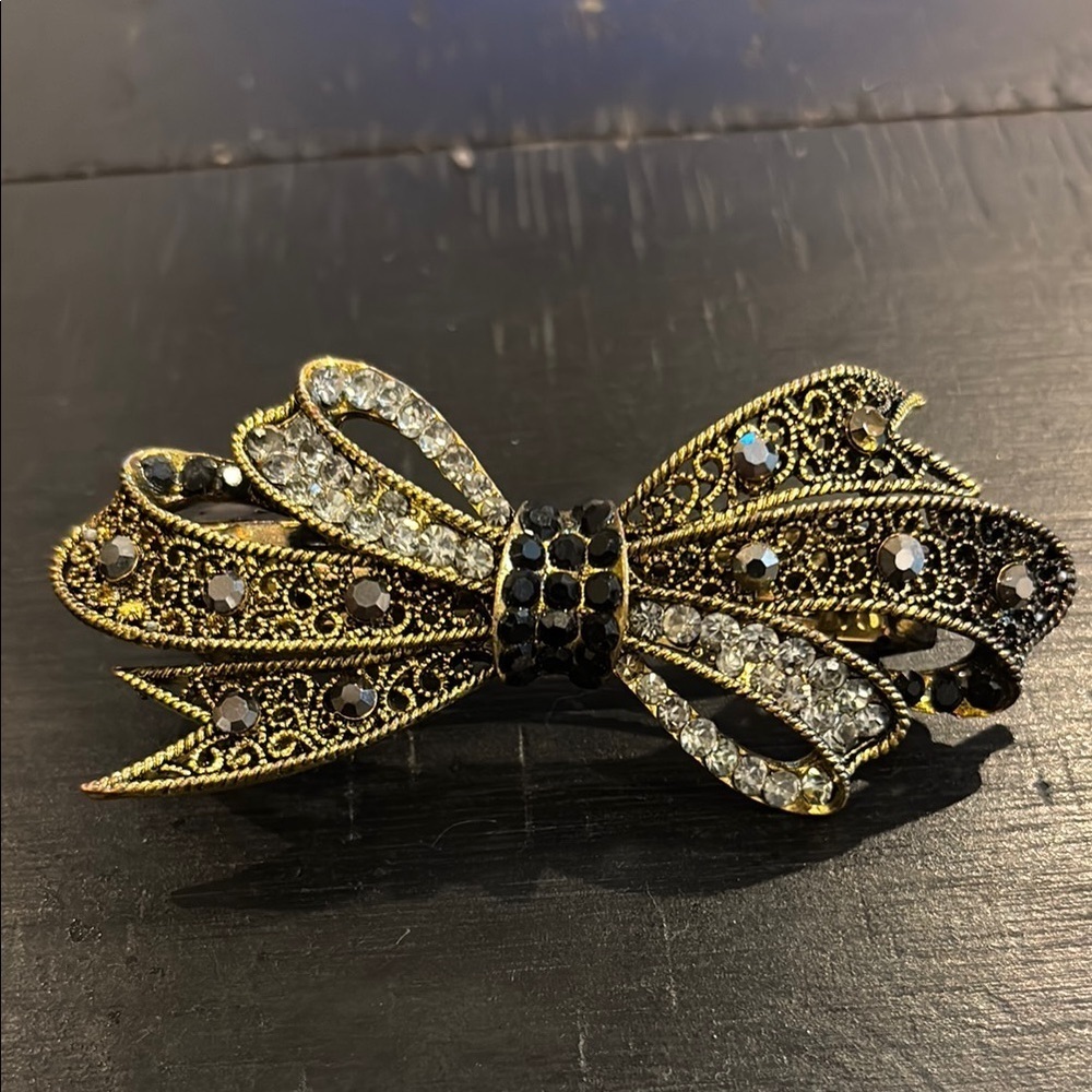 Vintage Style Elegant Gold and Black Bow Hair Clip Accessory Rhinestone
